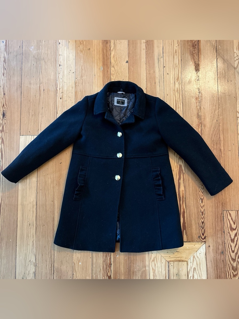 Girls' ruffle-pocket wool coat PrimaLoft 10 peacoat Missing Collar* AR331